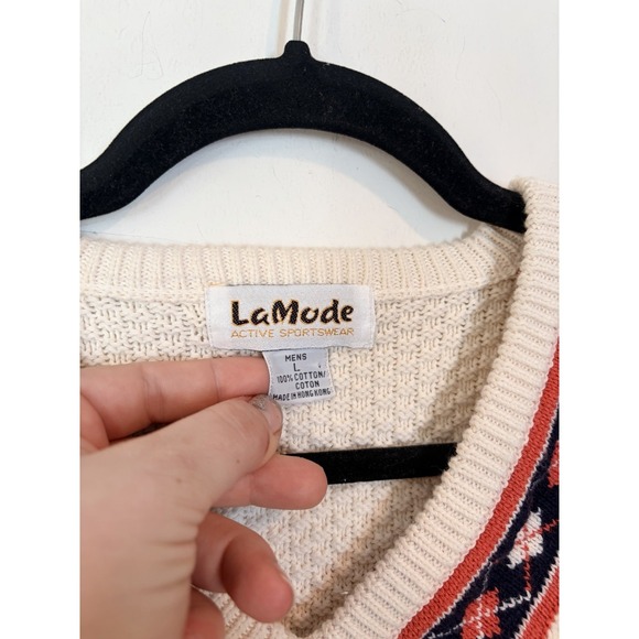 Vintage Lamode V Neck Sweater Argyle Trim Mens Large Waffle Knit Ivory Preppy - Picture 2 of 3